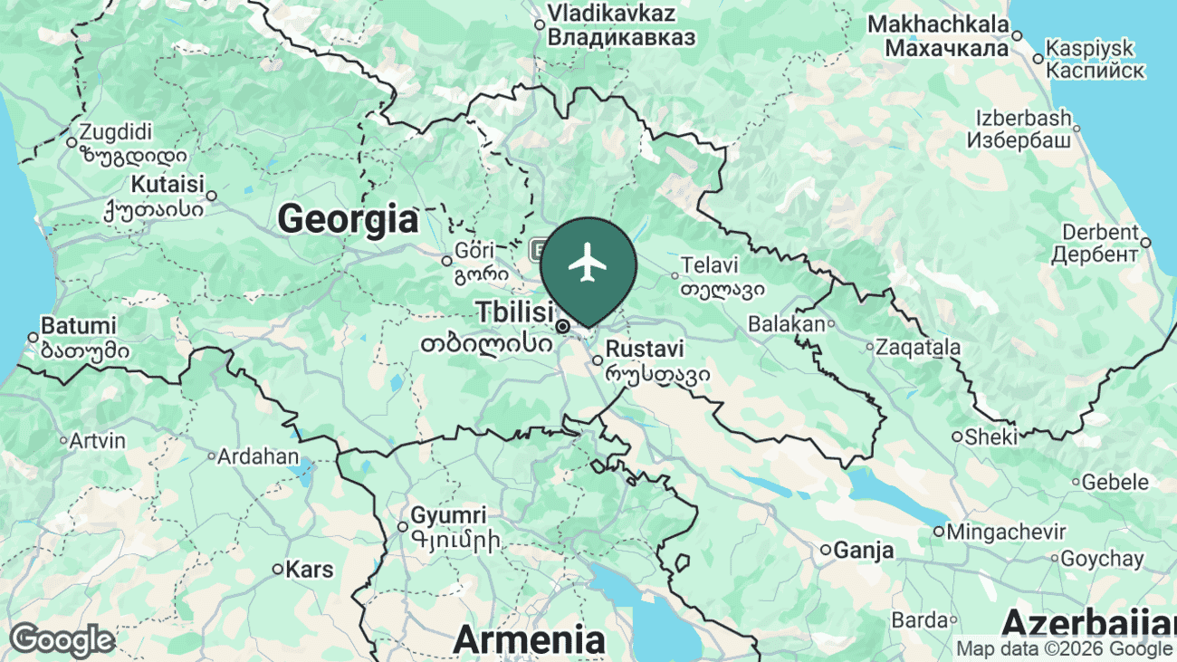 Map showing the location of Tbilisi International Airport (TBS) in eastern Georgia