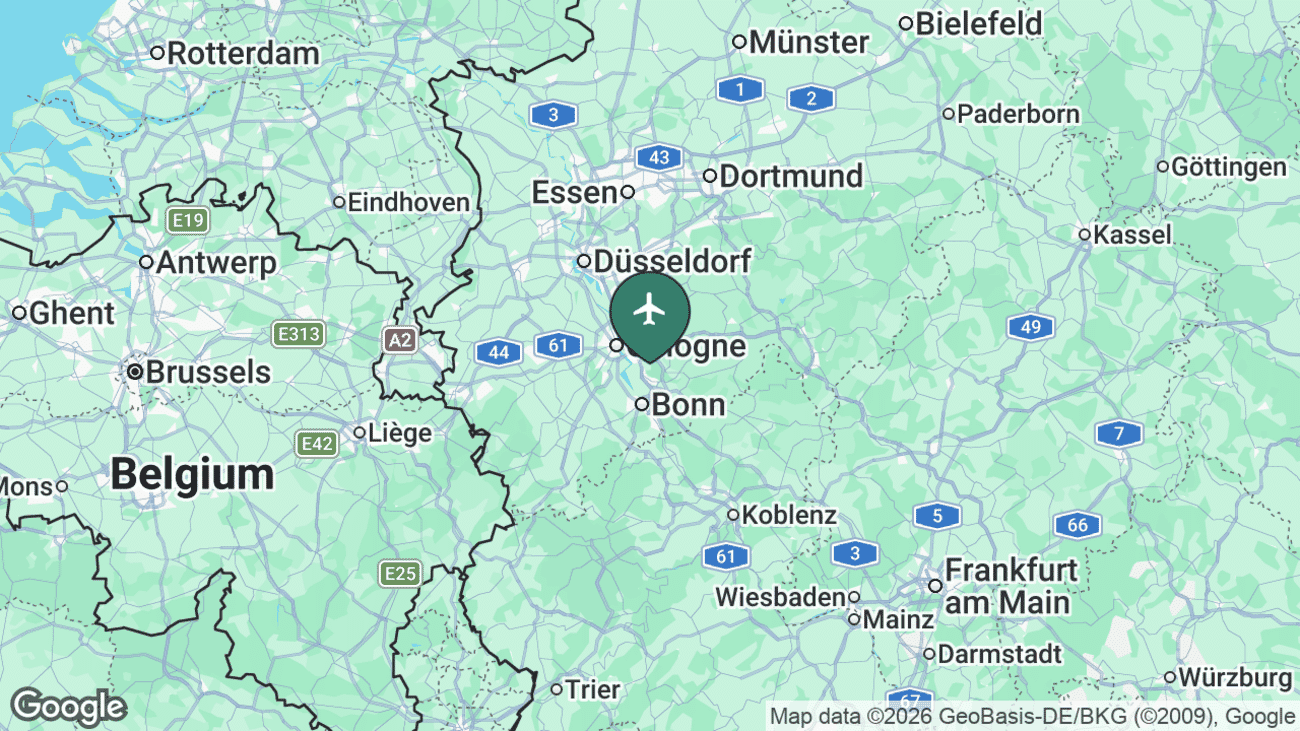 Map showing the location of Cologne Bonn Airport (CGN) near Cologne, Germany