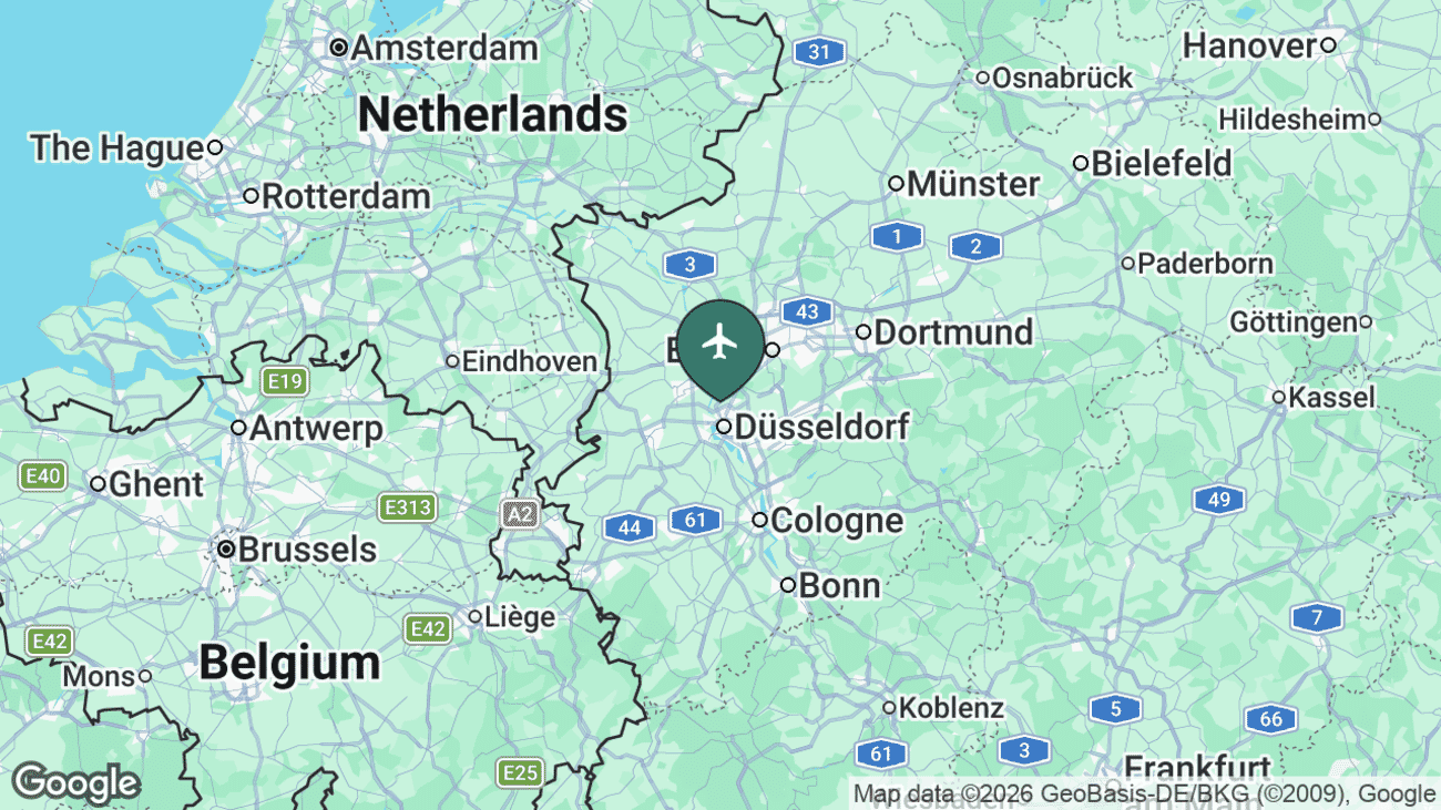 Map showing the location of Düsseldorf Airport (DUS) near Düsseldorf, Germany