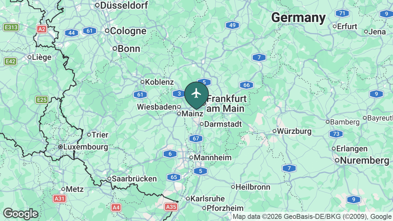 Map showing the location of Frankfurt Airport (FRA) near Frankfurt, Germany