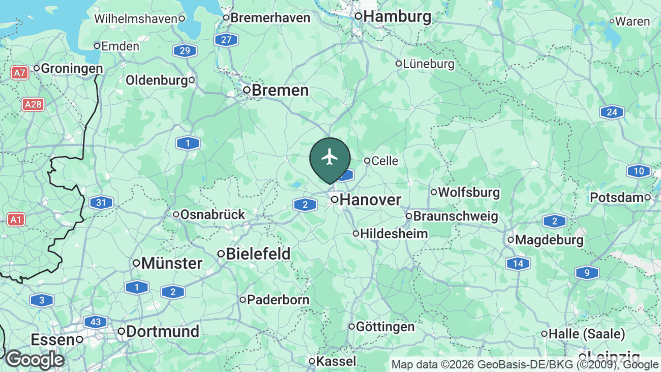 Map showing the location of Hannover Airport (HAJ) near Hannover, Germany