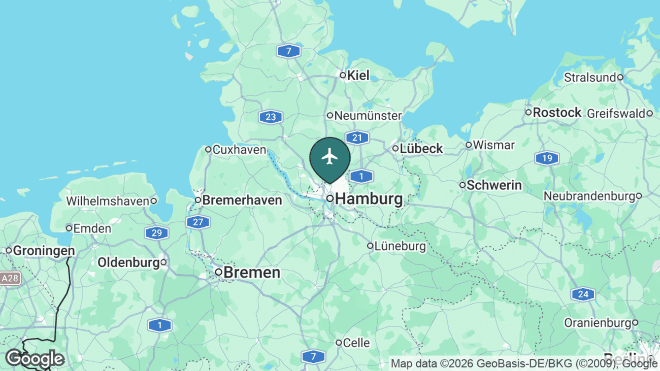 Map showing the location of Hamburg Airport (HAM) near Hamburg, Germany