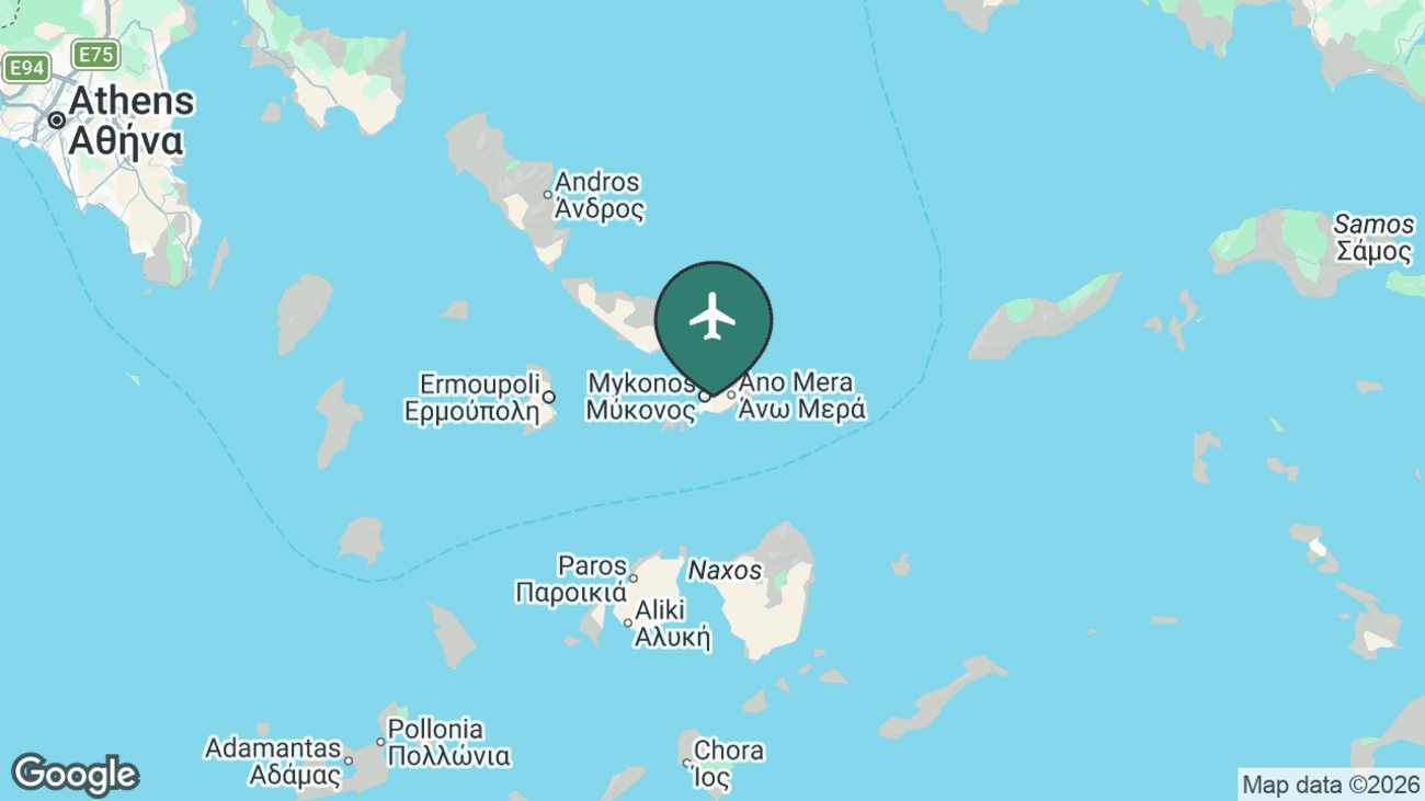 Map showing the location of Mykonos Airport (JMK) in Greece