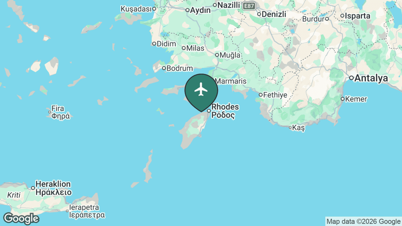 Map showing the location of Rhodes Airport (RHO) in Greece