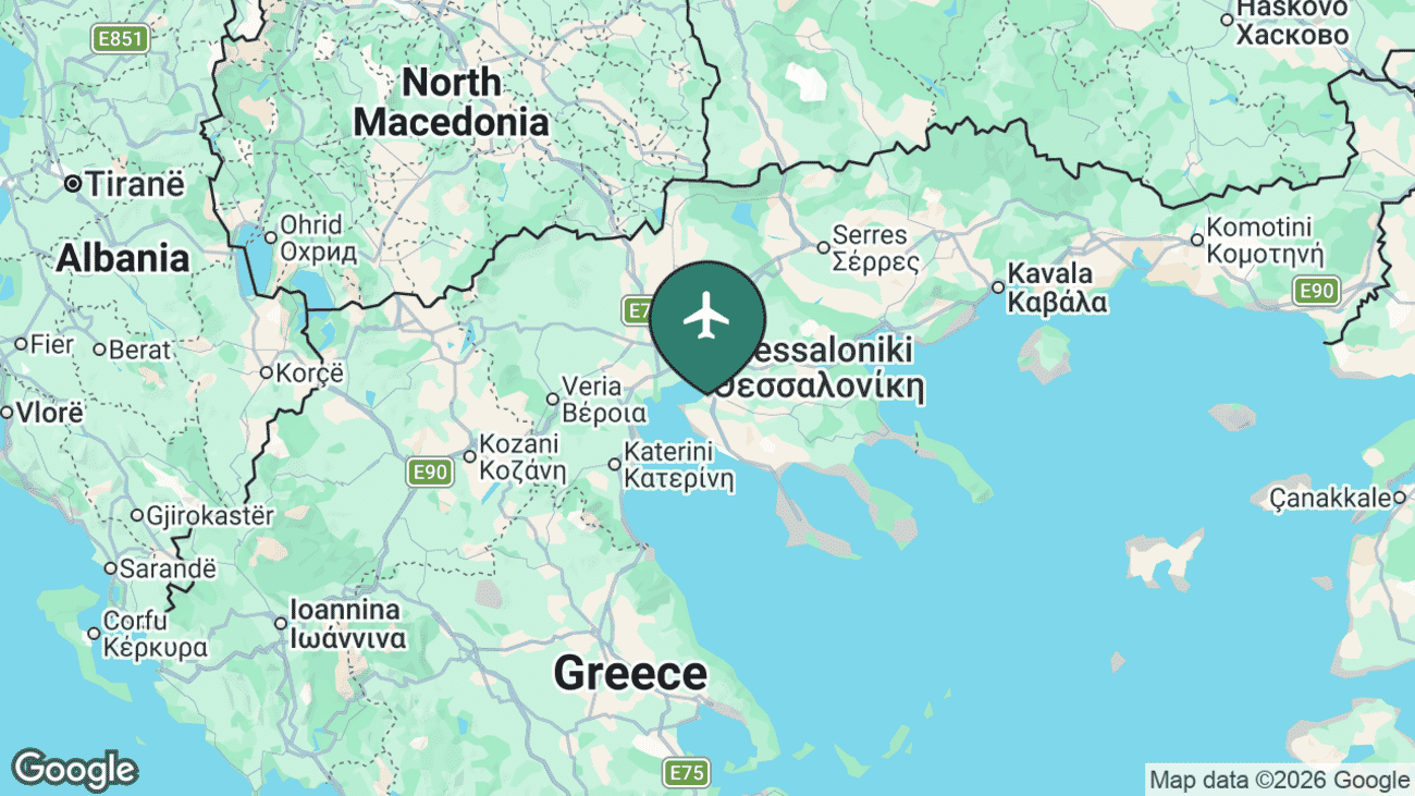 Map showing the location of Thessaloniki Airport (SKG) in Greece