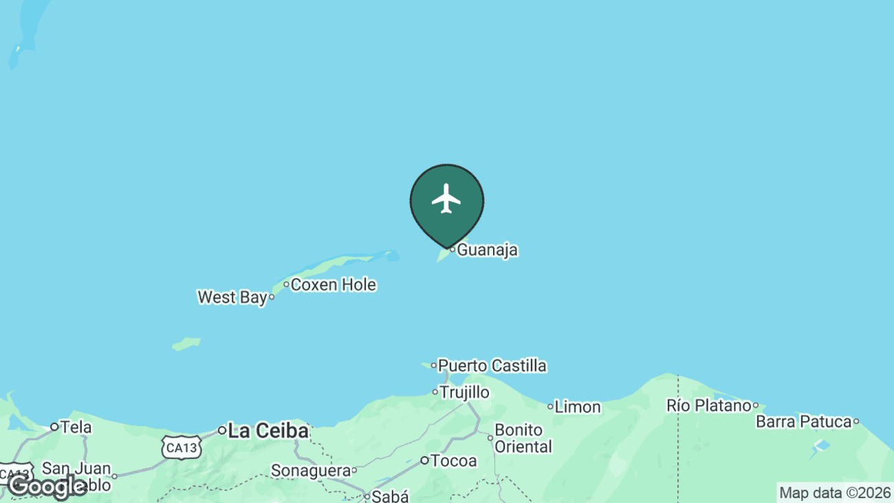 Map showing the location of La Laguna Airport (GJA) on Guanaja in the Bay Islands of Honduras
