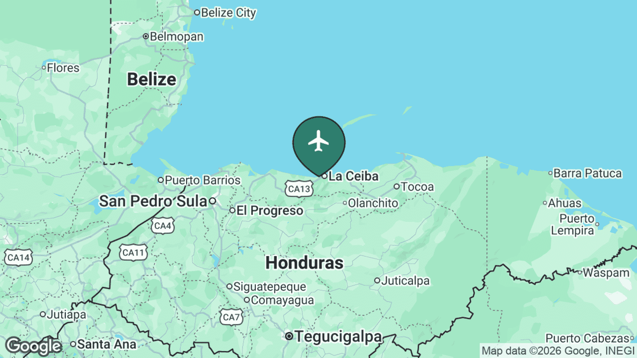 Map showing the location of Goloson International Airport (LCE) at La Ceiba on the Caribbean coast of Honduras