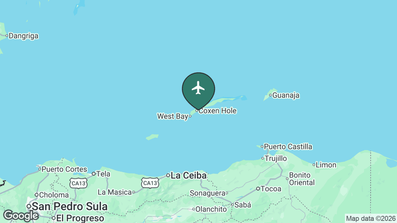 Map showing the location of Juan Manuel Gálvez International Airport (RTB) on Roatán in the Bay Islands of Honduras