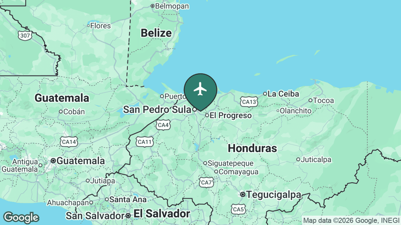 Map showing the location of Ramón Villeda Morales International Airport (SAP) near San Pedro Sula in north-western Honduras
