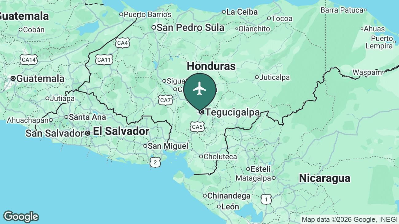 Map showing the location of Toncontín International Airport (TGU) in Tegucigalpa, the capital of Honduras