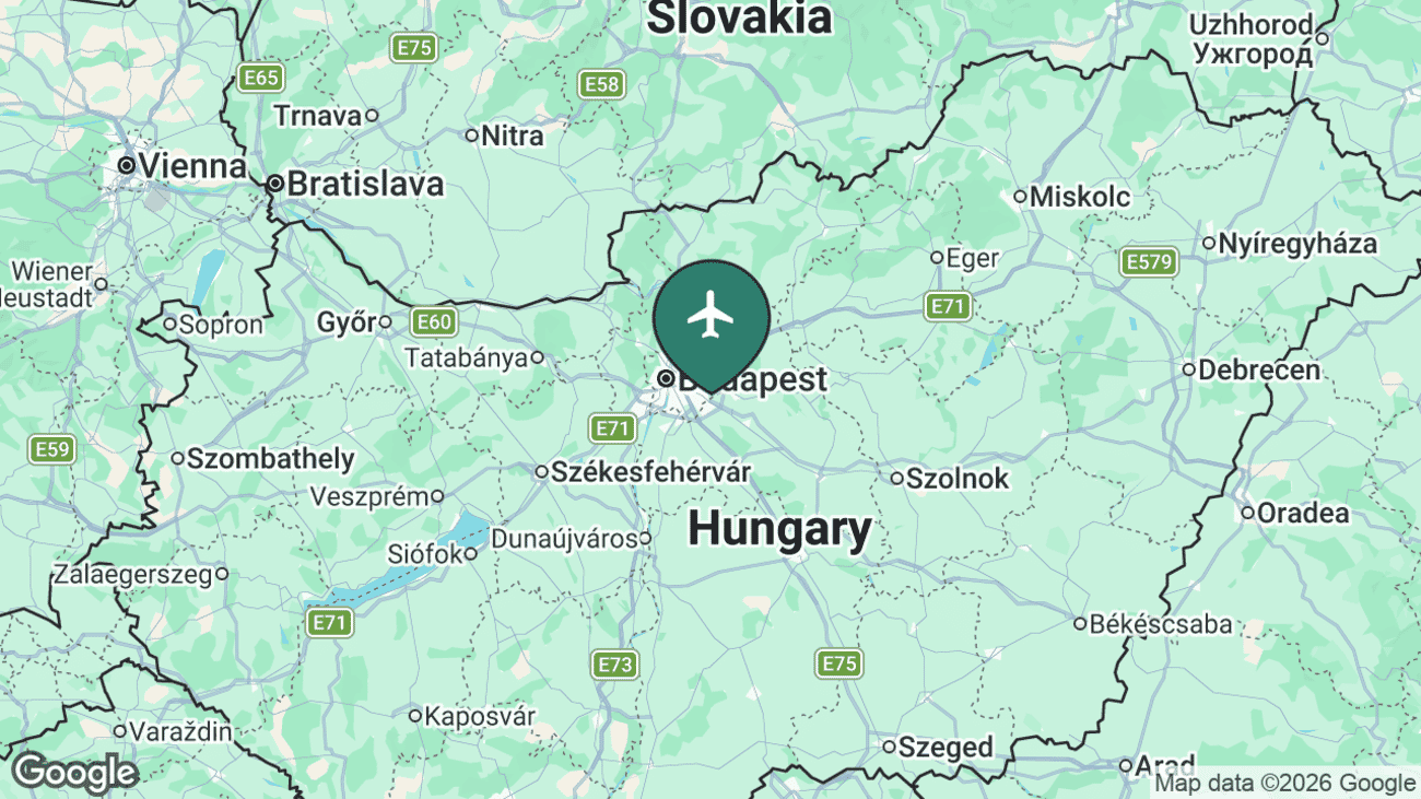 Map showing the location of Budapest Ferenc Liszt International Airport (BUD) in central Hungary