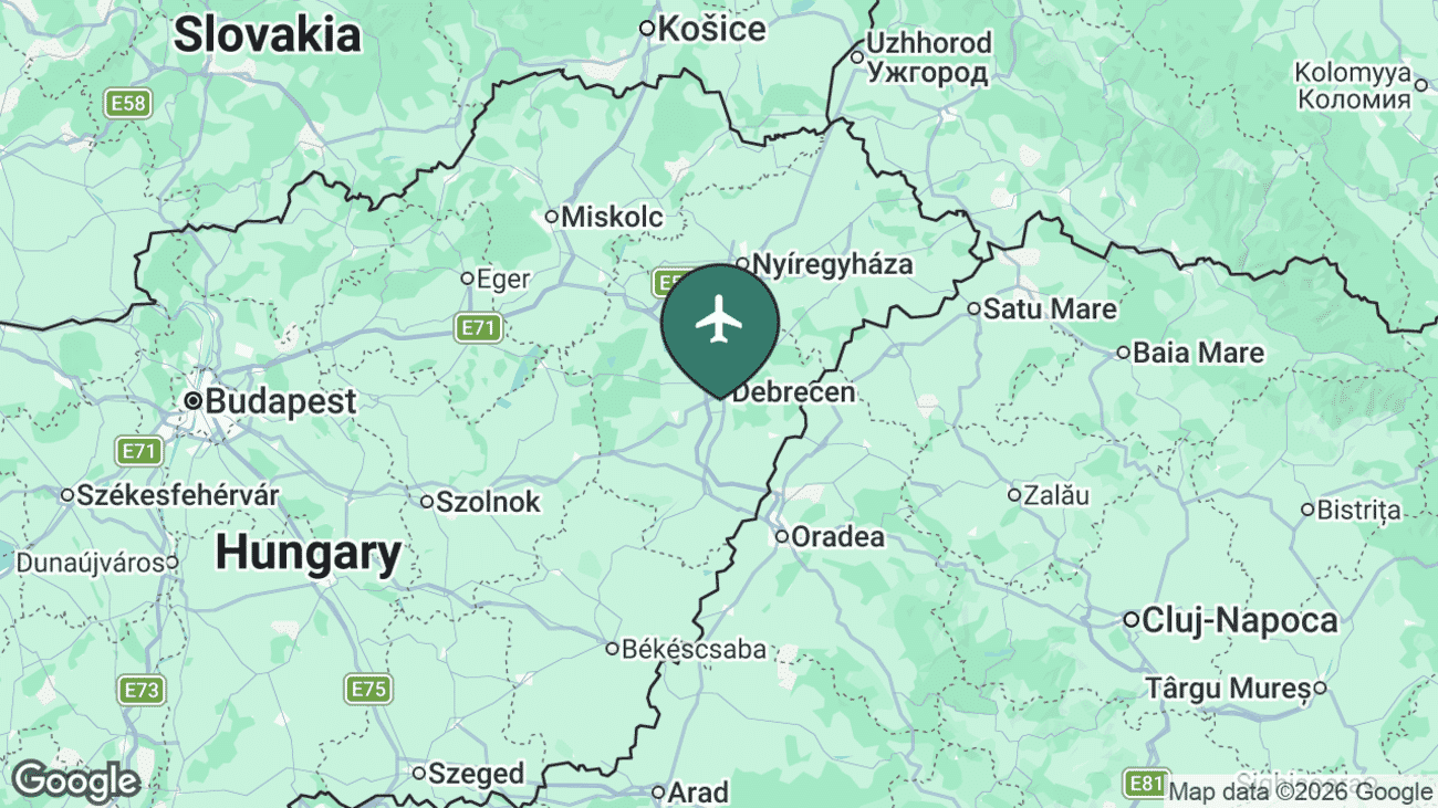 Map showing the location of Debrecen International Airport (DEB) in eastern Hungary