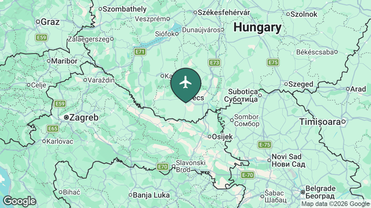 Map showing the location of Pécs-Pogány Airport (PEV) in southern Hungary