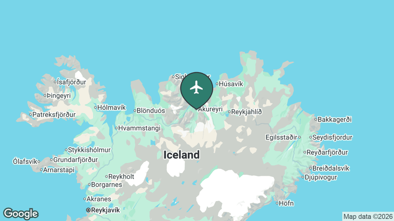 Map showing the location of Akureyri Airport (AEY) at the head of Eyjafjordur in north Iceland