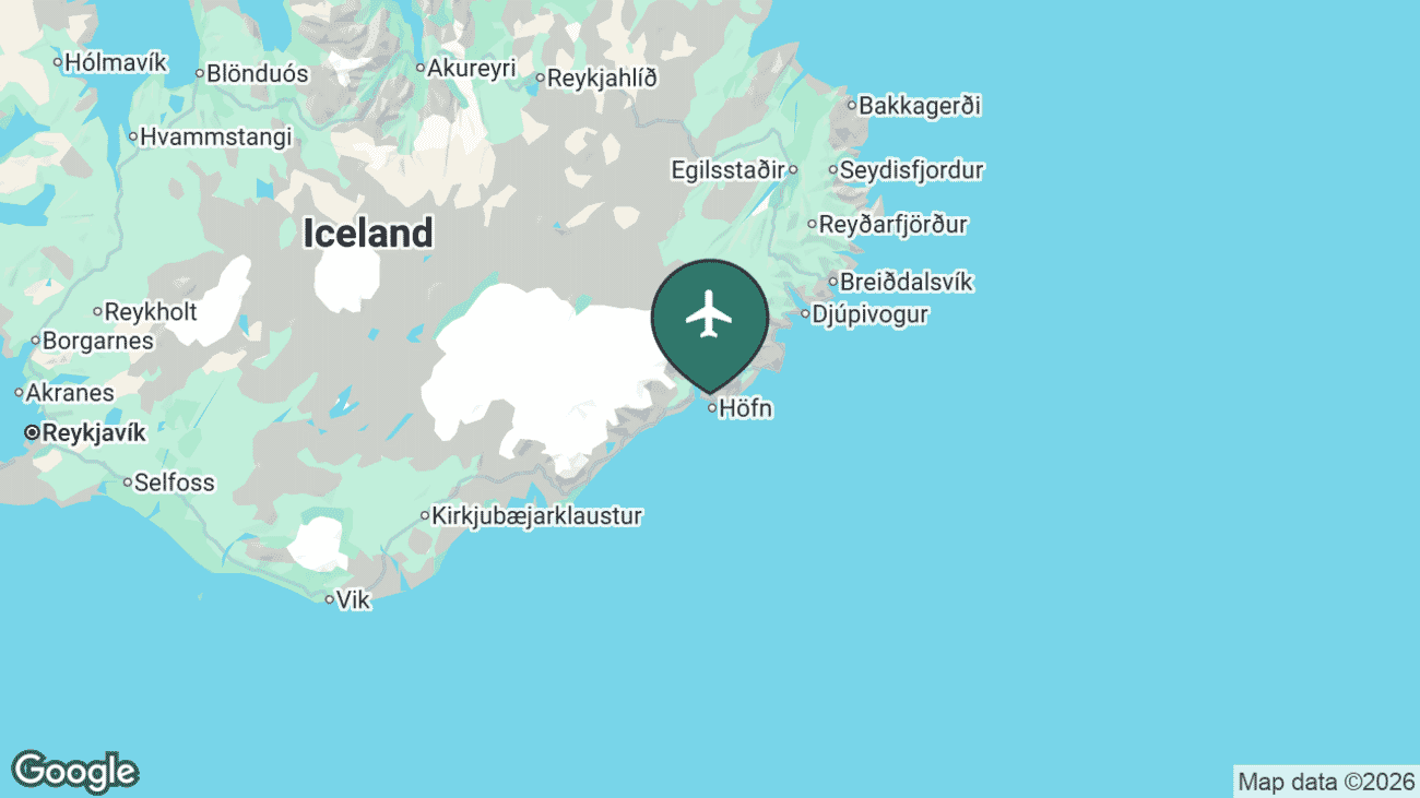 Map showing the location of Hornafjordur Airport (HFN) near Hofn in south-east Iceland