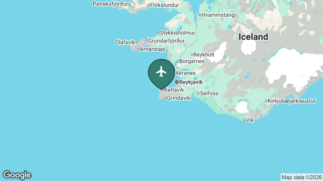 Map showing the location of Keflavik International Airport (KEF) on the Reykjanes peninsula in south-west Iceland