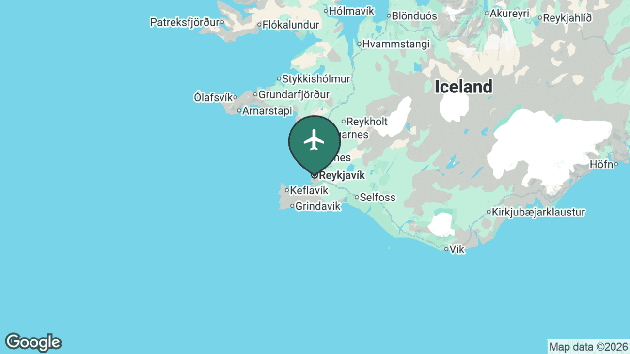 Map showing the location of Reykjavik Domestic Airport (RKV) inside the capital city in south-west Iceland