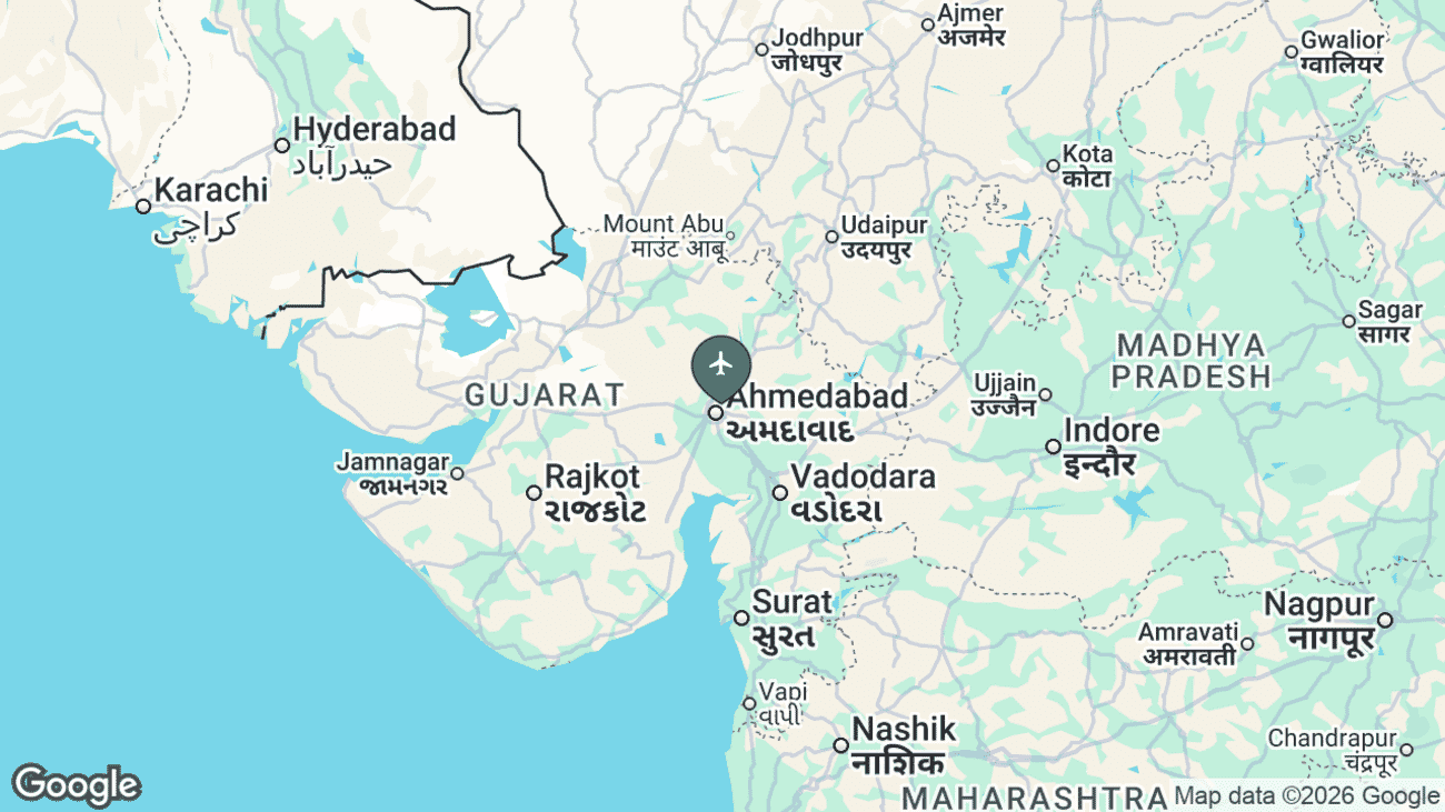 Map showing the location of Sardar Vallabhbhai Patel International Airport (AMD) near Ahmedabad, India