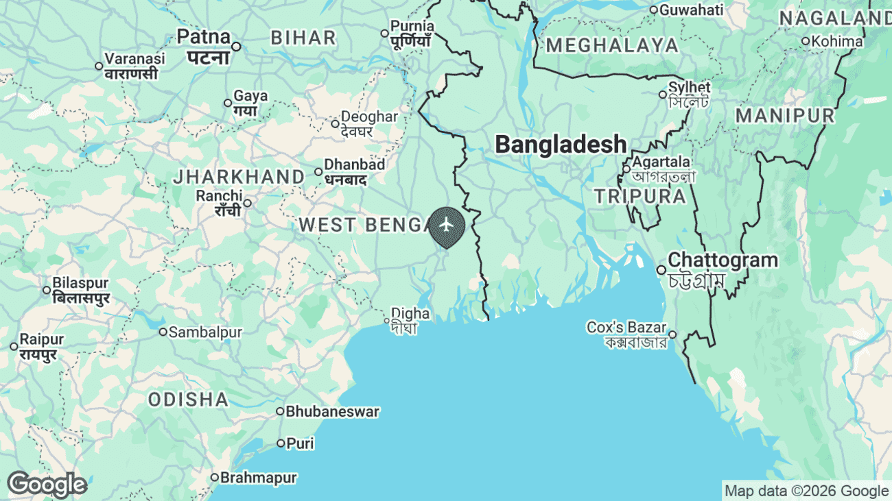 Map showing the location of Netaji Subhas Chandra Bose International Airport (CCU) near Kolkata, India