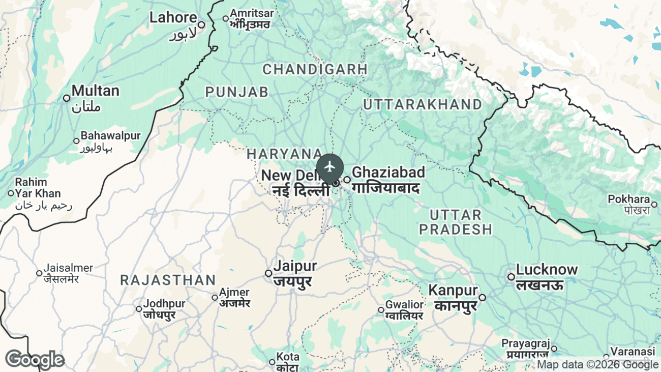 Map showing the location of Indira Gandhi International Airport (DEL) near Delhi, India