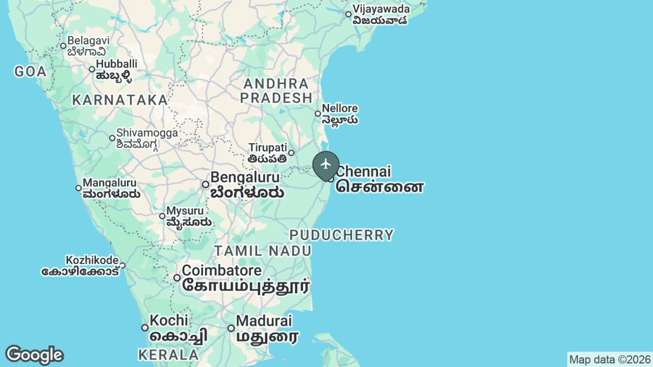 Map showing the location of Chennai International Airport (MAA) near Chennai, India