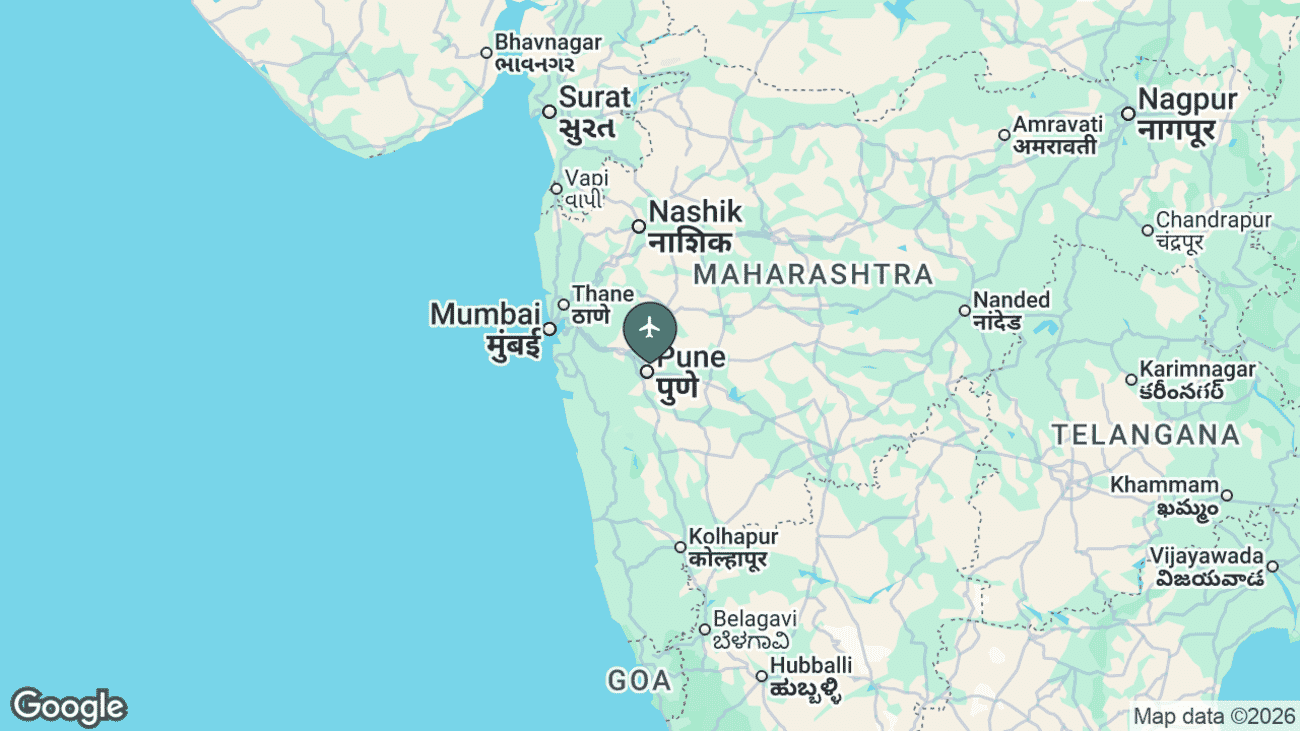 Map showing the location of Pune Airport (PNQ) near Pune, India