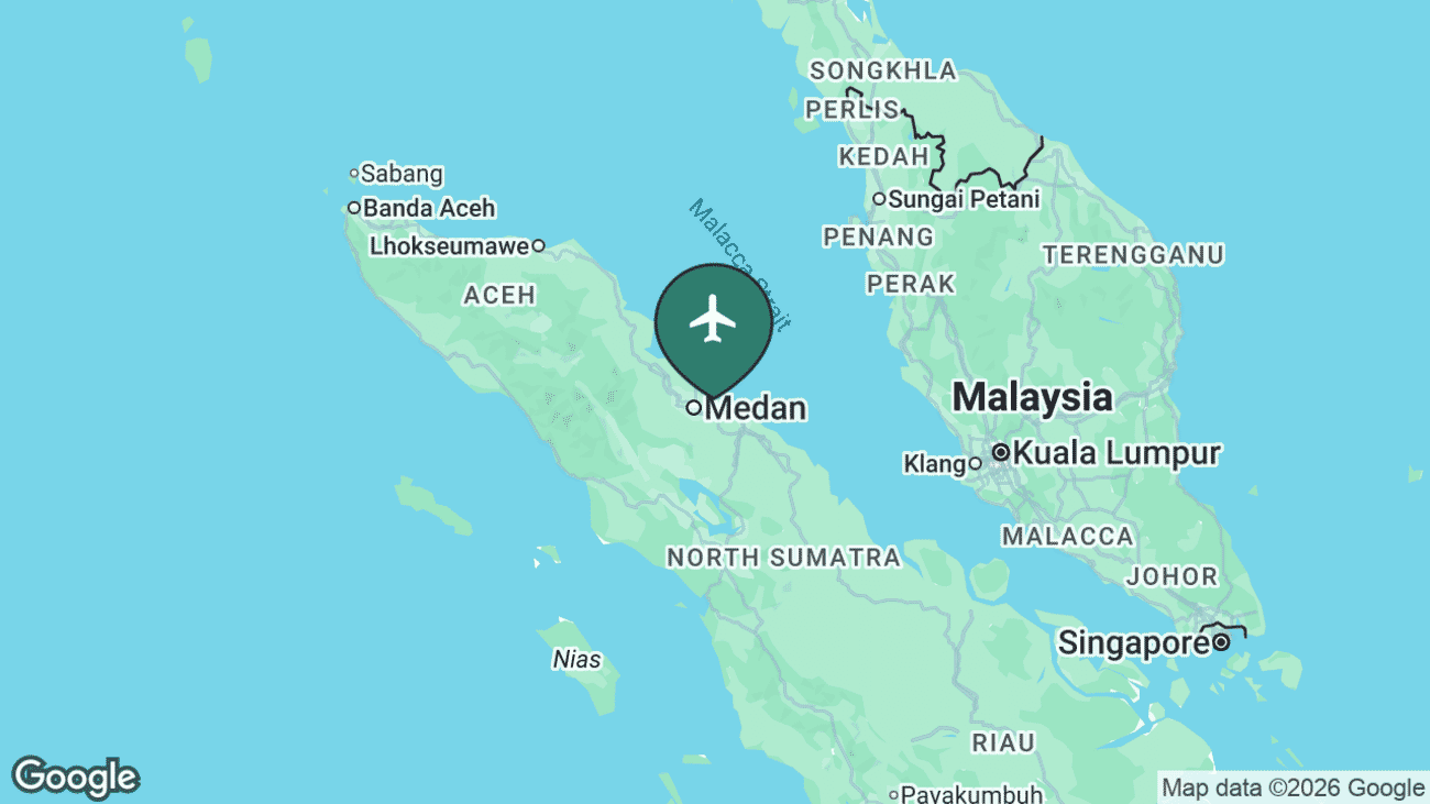 Map showing the location of Kualanamu International Airport (KNO) near Medan, Indonesia