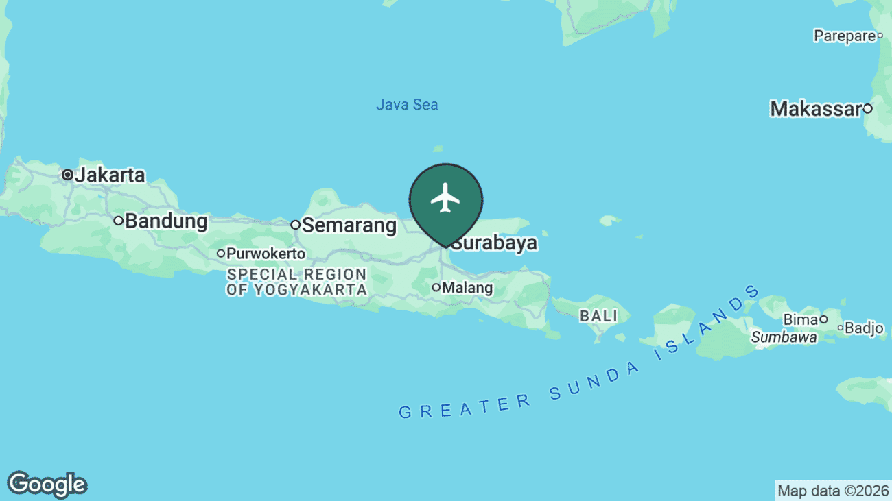 Map showing the location of Juanda International Airport (SUB) near Surabaya, Indonesia