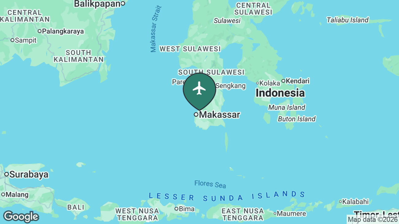 Map showing the location of Sultan Hasanuddin International Airport (UPG) near Makassar, Indonesia