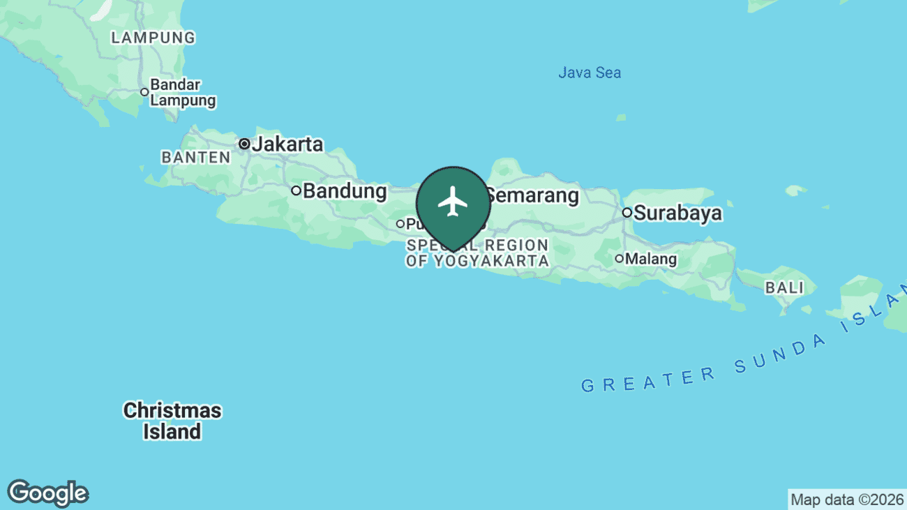 Map showing the location of Yogyakarta International Airport (YIA) near Yogyakarta, Indonesia