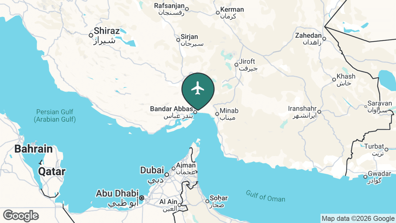 Map showing the location of Bandar Abbas International Airport (BND) in Iran