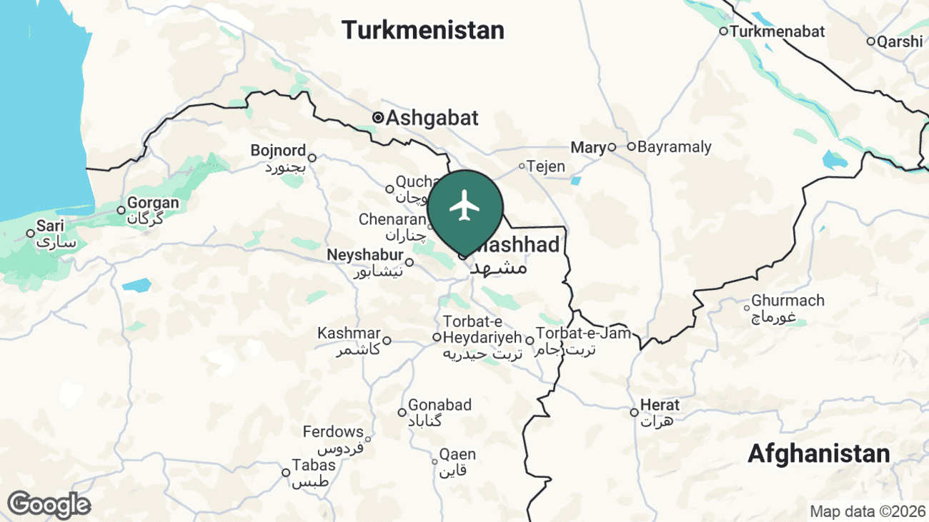 Map showing the location of Mashhad International Airport (MHD) in Iran