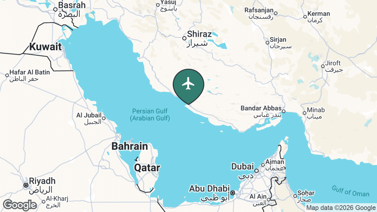 Map showing the location of Persian Gulf International Airport (PGU) in Iran