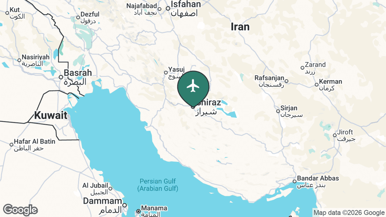 Map showing the location of Shiraz International Airport (SYZ) in Iran