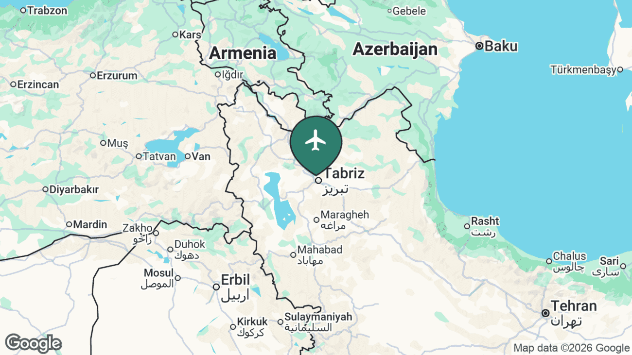 Map showing the location of Tabriz International Airport (TBZ) in Iran