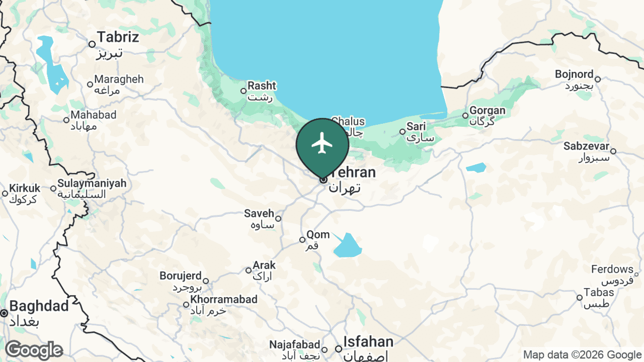 Map showing the location of Mehrabad International Airport (THR) in Iran