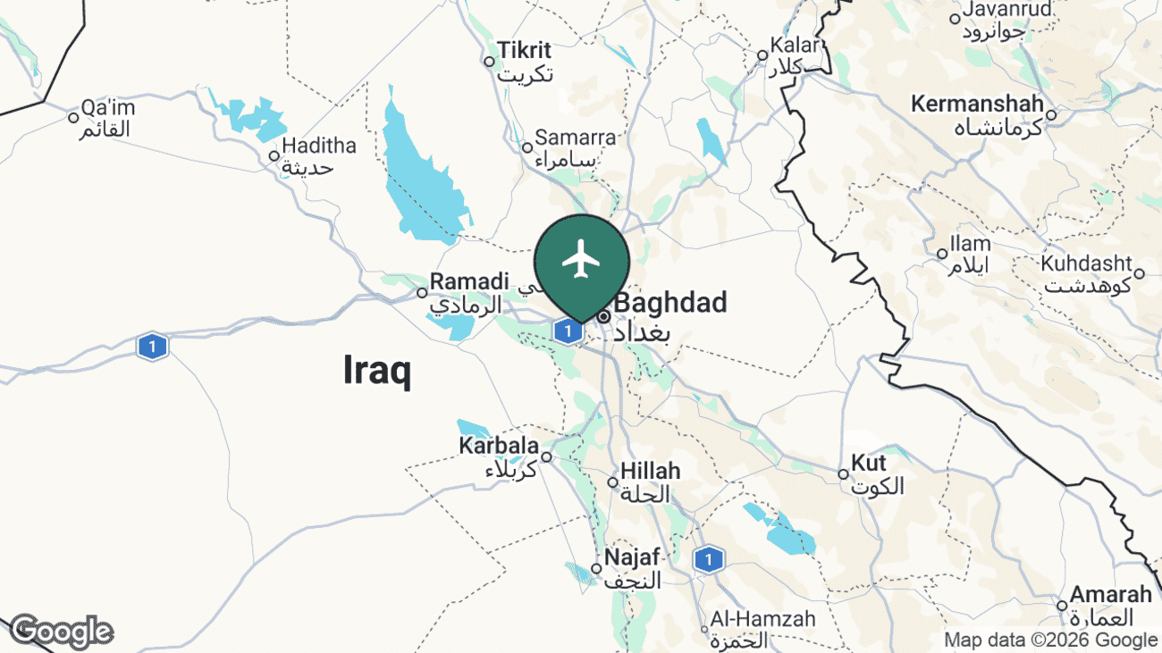 Map showing the location of Baghdad International Airport (BGW) in central Iraq