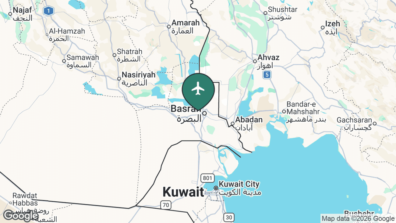 Map showing the location of Basra International Airport (BSR) in southern Iraq near the Gulf