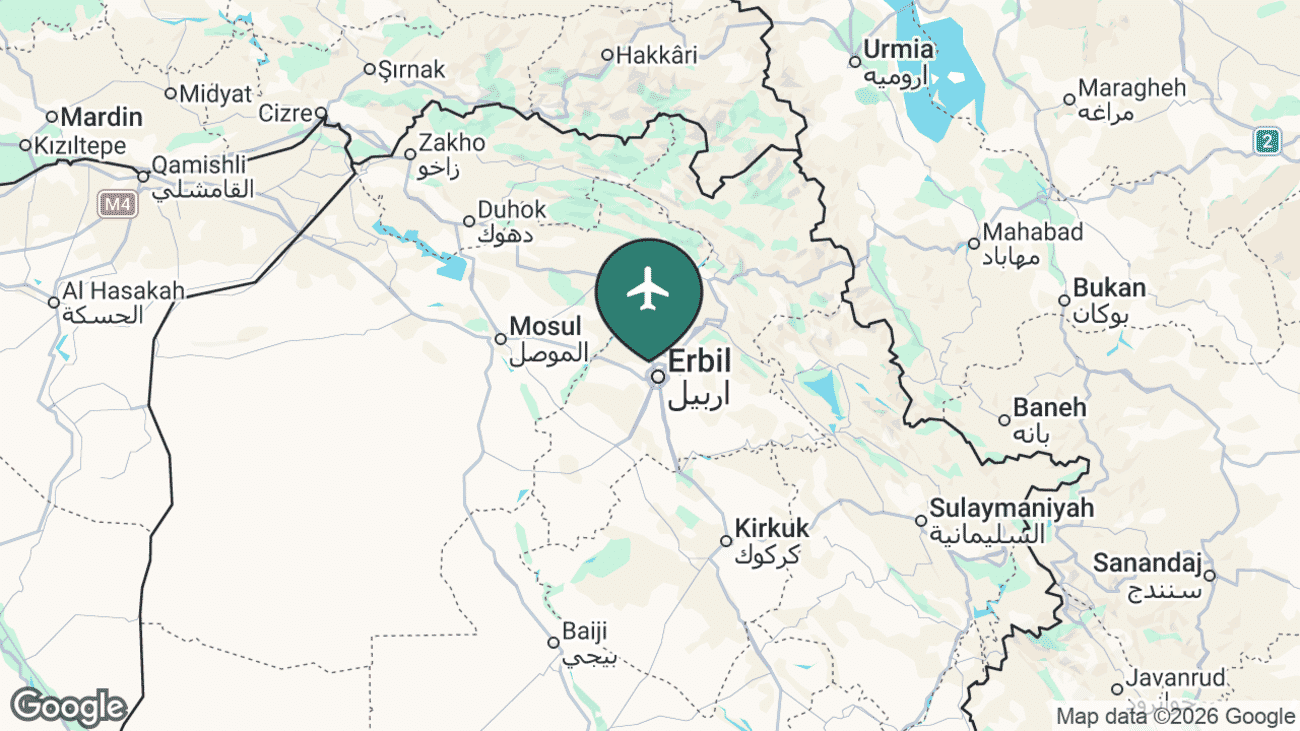 Map showing the location of Erbil International Airport (EBL) in the Kurdistan Region of northern Iraq