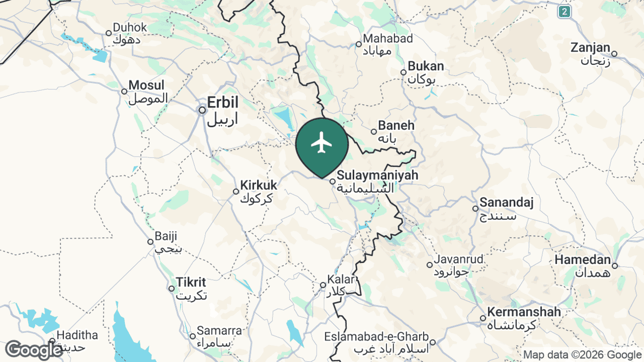 Map showing the location of Sulaymaniyah International Airport (ISU) in the Kurdistan Region of north-east Iraq