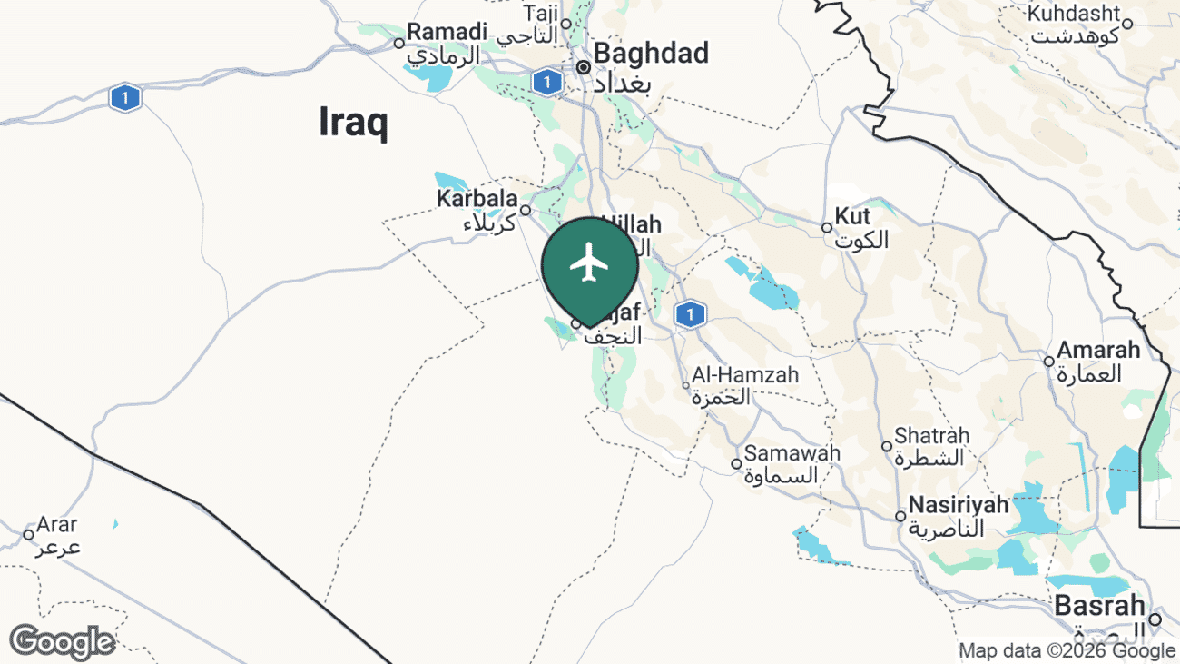 Map showing the location of Al Najaf International Airport (NJF) in south-central Iraq