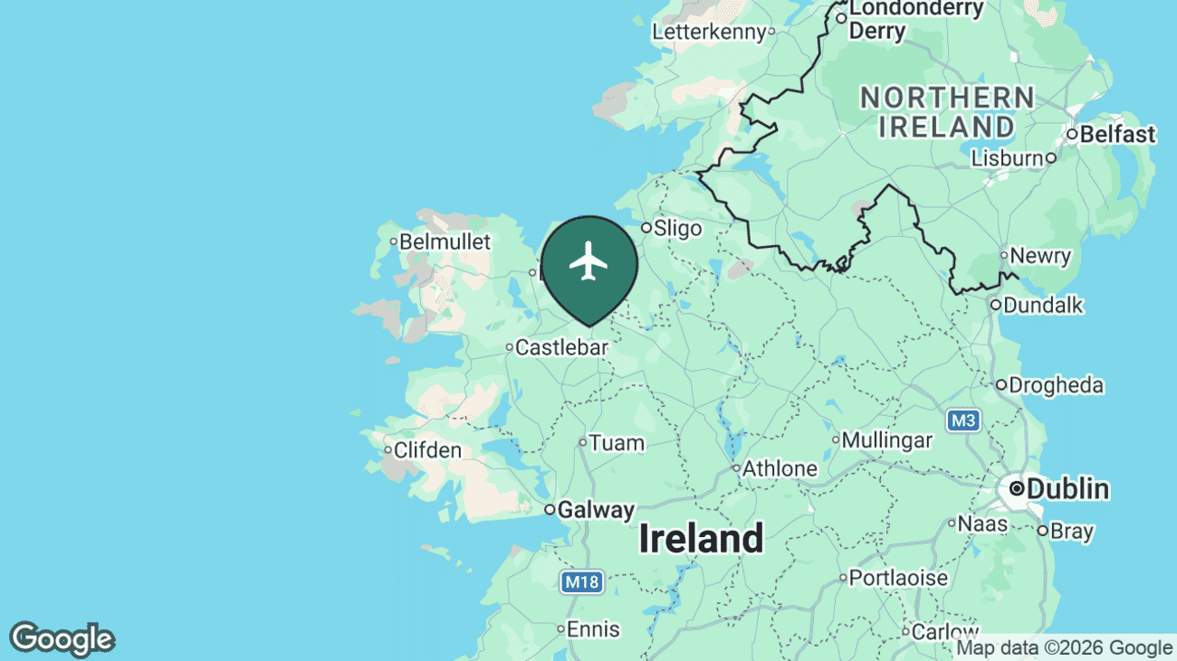 Map showing the location of Ireland West Airport Knock (NOC) near Co. Mayo, Ireland