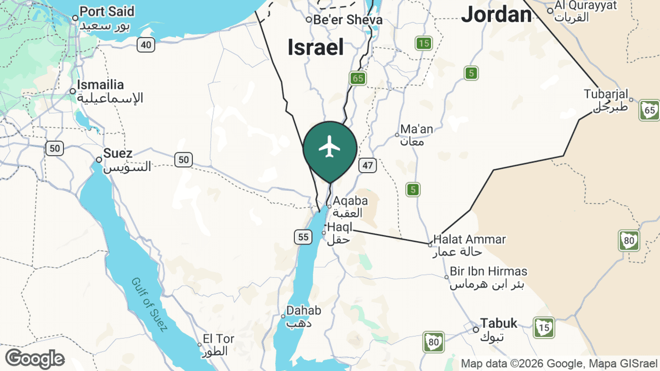 Map showing the location of Ramon Airport (ETM) in the Timna Valley near Eilat, southern Israel
