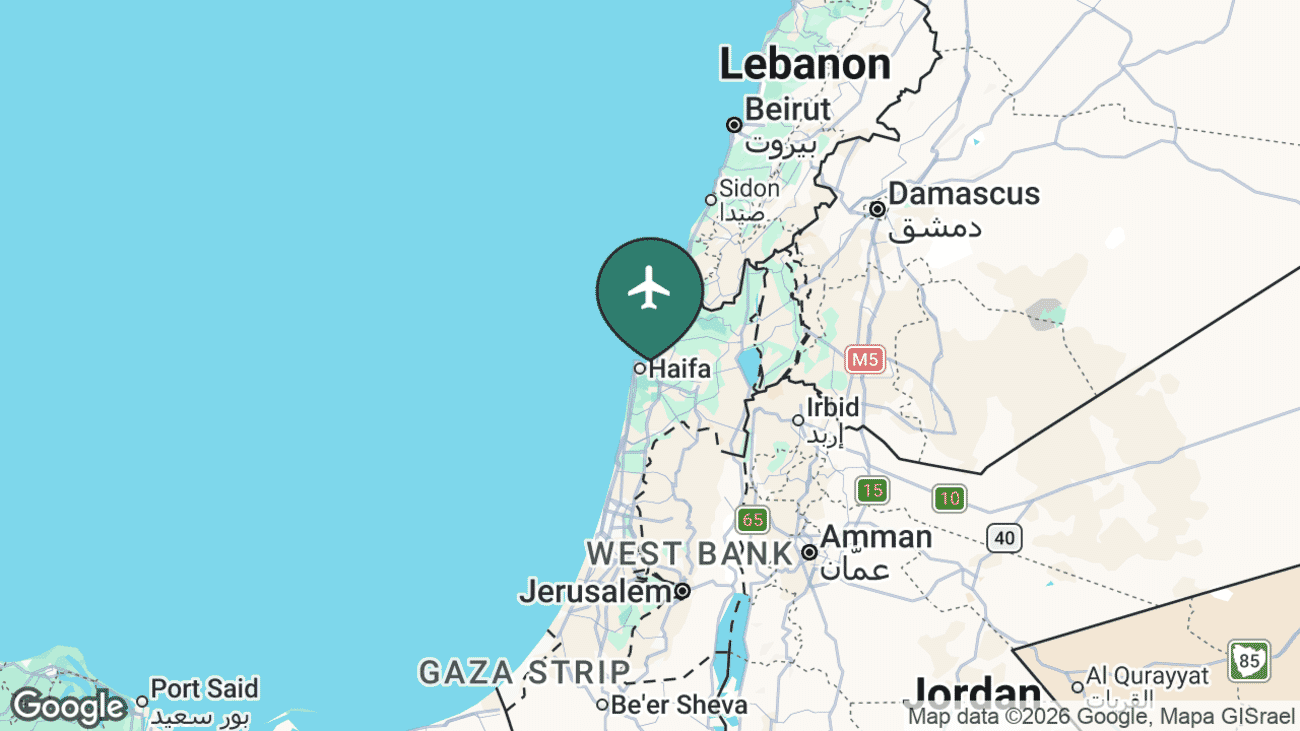 Map showing the location of Haifa Airport (HFA) near Haifa, Israel