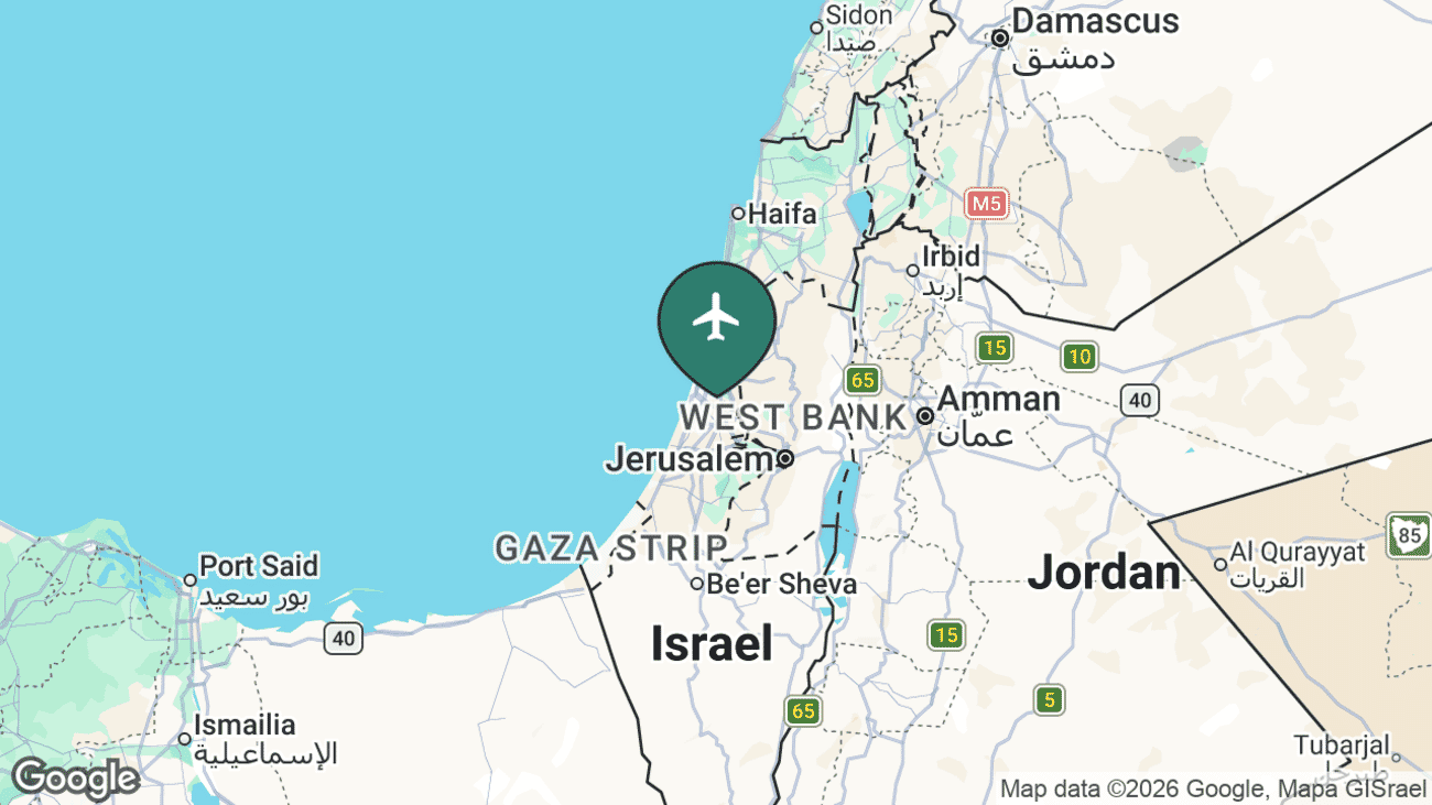 Map showing the location of Ben Gurion Airport (TLV) near Tel Aviv, Israel