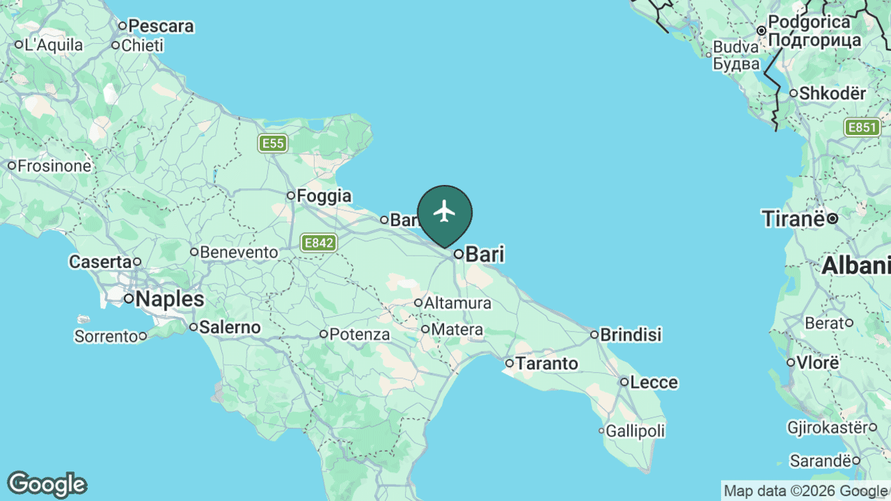 Map showing the location of Bari Karol Wojtyła International Airport (BRI) in Italy