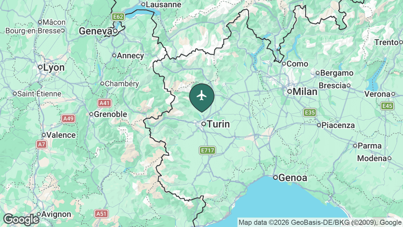 Map showing the location of Turin Airport (TRN) in Italy