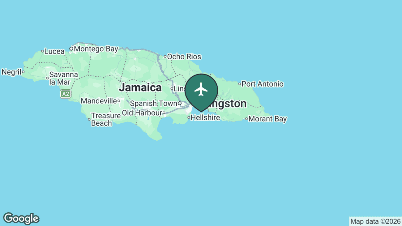 Map showing the location of Norman Manley International Airport (KIN) on the Palisadoes spit near Kingston in south-east Jamaica