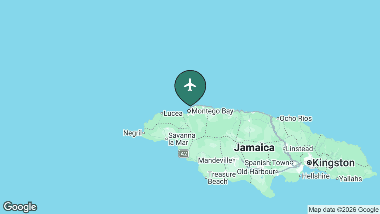 Map showing the location of Sangster International Airport (MBJ) on the north-west coast of Jamaica at Montego Bay