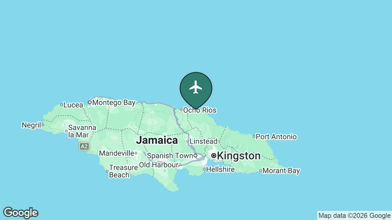 Map showing the location of Ian Fleming International Airport (OCJ) at Boscobel near Ocho Rios on the north coast of Jamaica